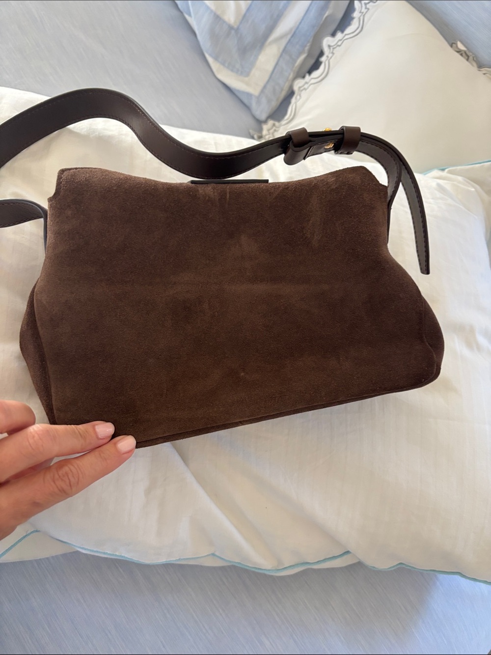 Tom Ford Dark Brown Suede Shoulder Bag with Gold TF Logo - Picture 3 of 4